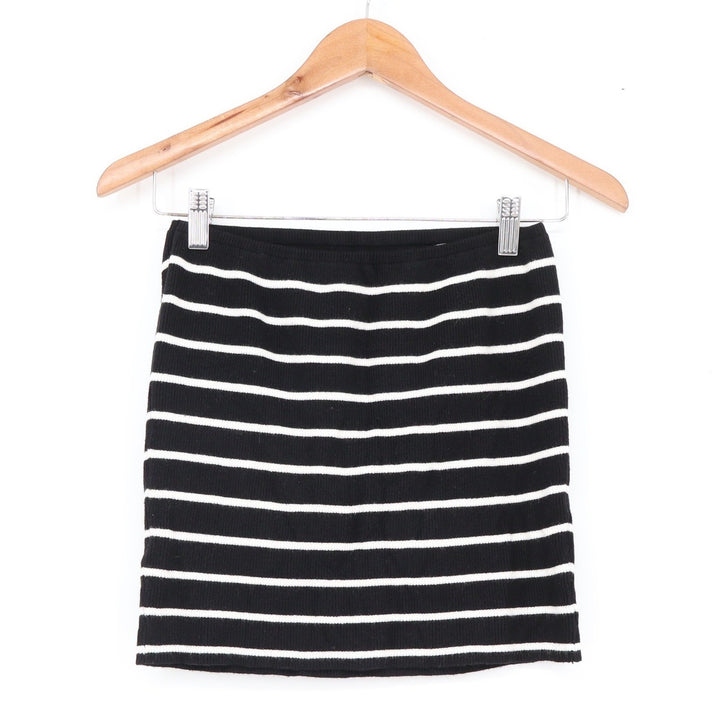 Striped Ribbed Knit Mini Skirt Black White Bodycon Stretch Casual
