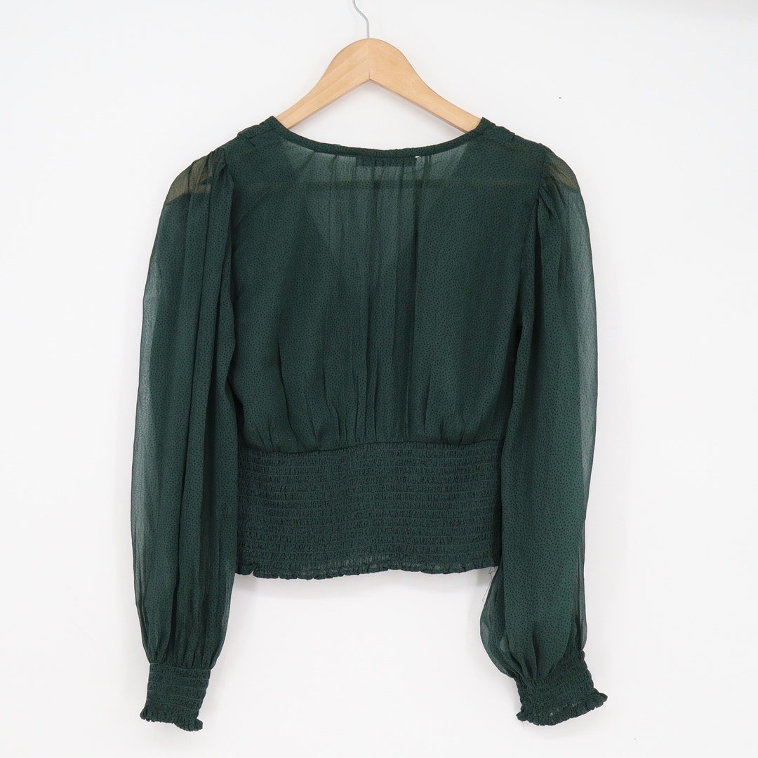 Abercrombie & Fitch Dark Green Smocked Peplum Blouse XS Long Puff Sleeve V-Neck