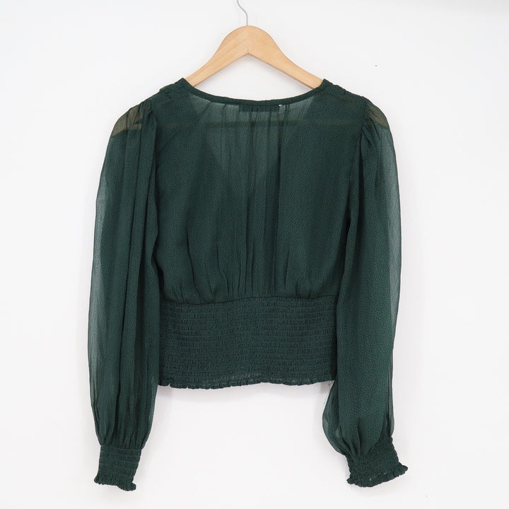 Abercrombie & Fitch Dark Green Smocked Peplum Blouse XS Long Puff Sleeve V-Neck