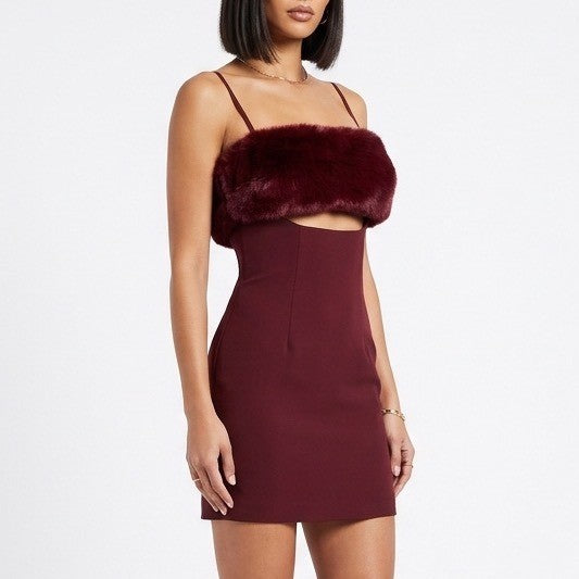 Naked Wardrobe Maroon Faux Fur Trim Cutout Mini Dress NWH19-D9 MN Medium