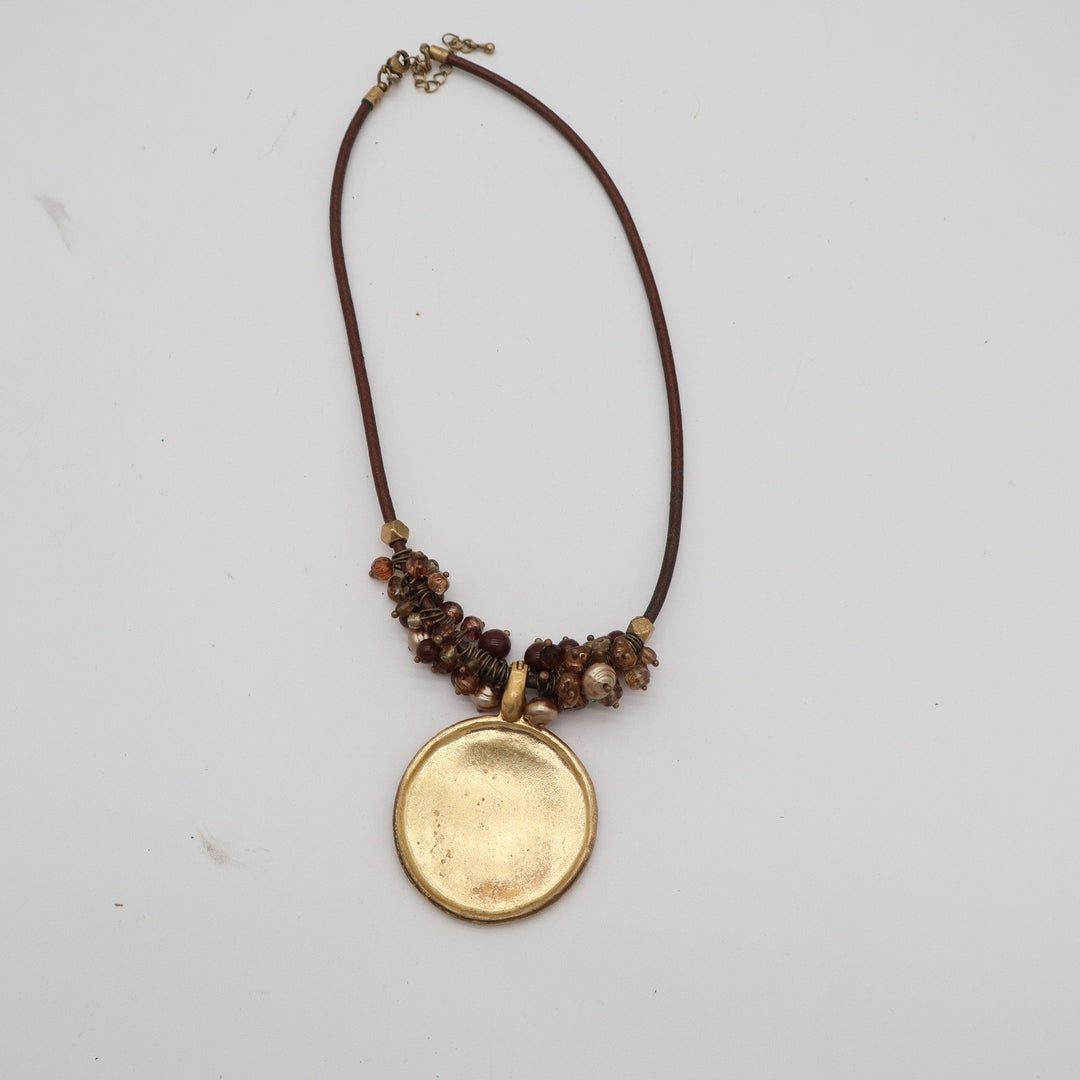 Hammered Gold Medallion Beaded Cord Necklace Brown Boho Statement