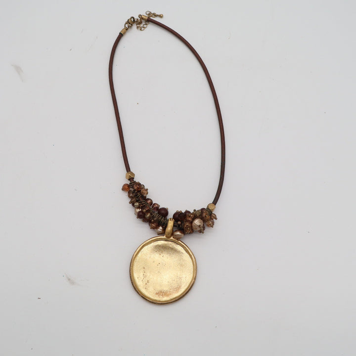 Hammered Gold Medallion Beaded Cord Necklace Brown Boho Statement