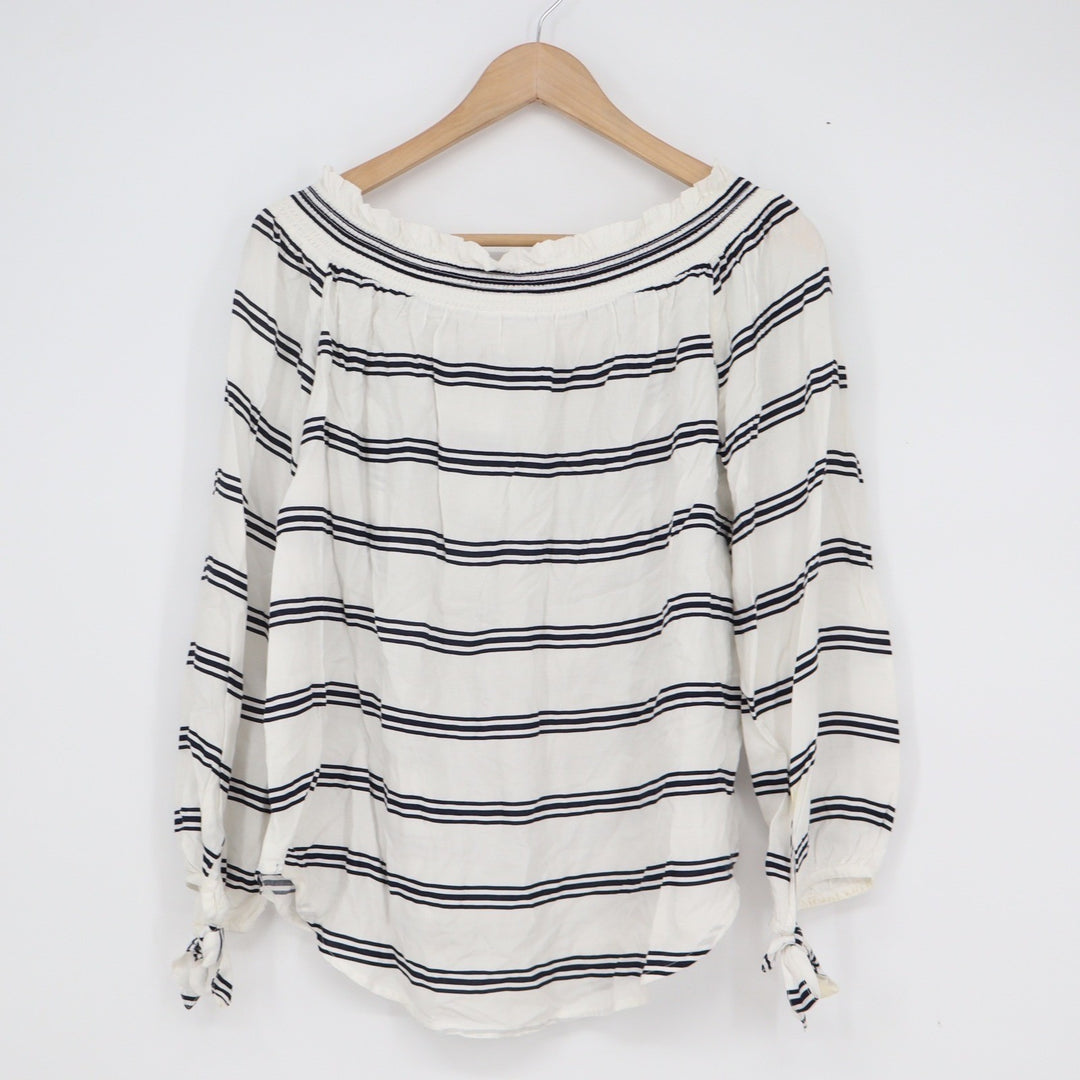 Beachlunchlounge Striped Off the Shoulder Top White Navy Blue Tie Cuff Small