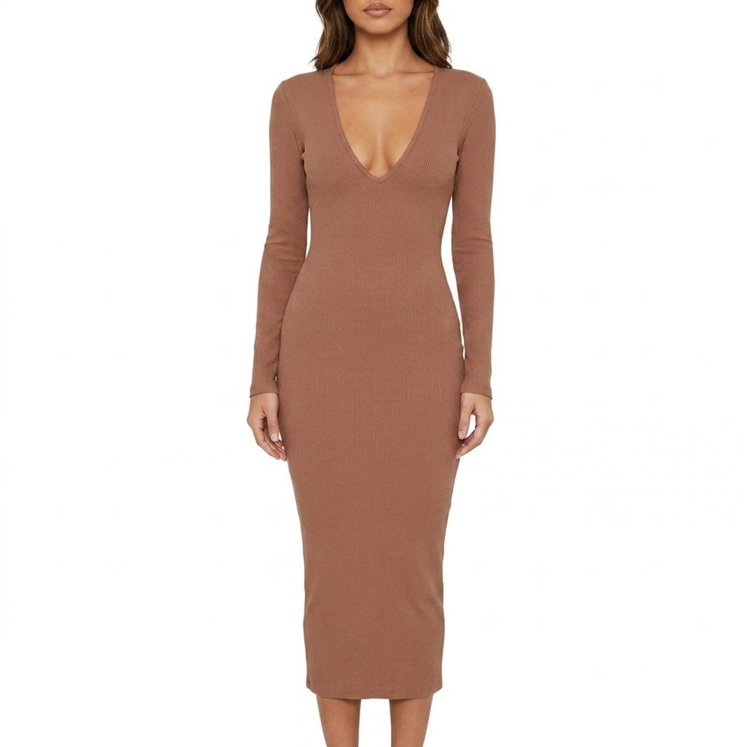 Naked Wardrobe Bodycon Dress Womens Small Brown Knit V-Neck Long Sleeve Ribbed