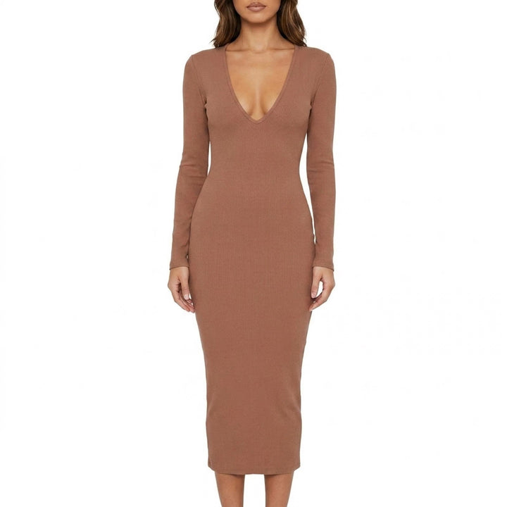 Naked Wardrobe Bodycon Dress Womens Small Brown Knit V-Neck Long Sleeve Ribbed