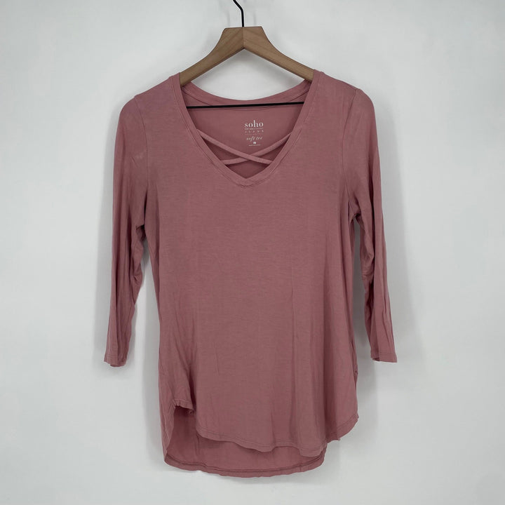 Soho New York & Company Jeans Pink Criss Cross Neck Soft Tee Shirt Size S