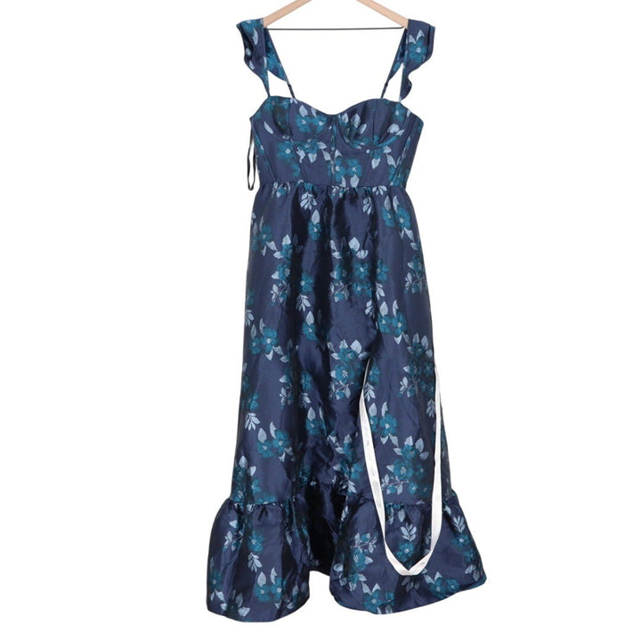 Dessy Collection Midnight Navy Floral Damask Maxi Dress Size 16R