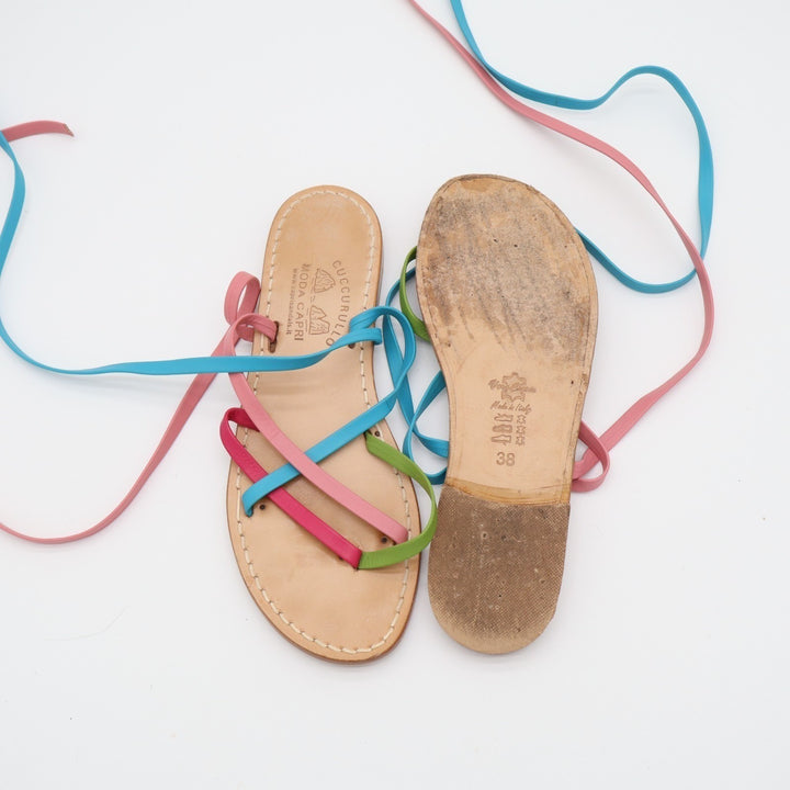 Cuccurullo Moda Capri Strappy Women's EU 38 Multicolor Leather Flat Sandals