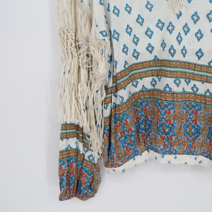 Free People White Blue Diamond Print Boho Fringe Long Sleeve Blouse Top L