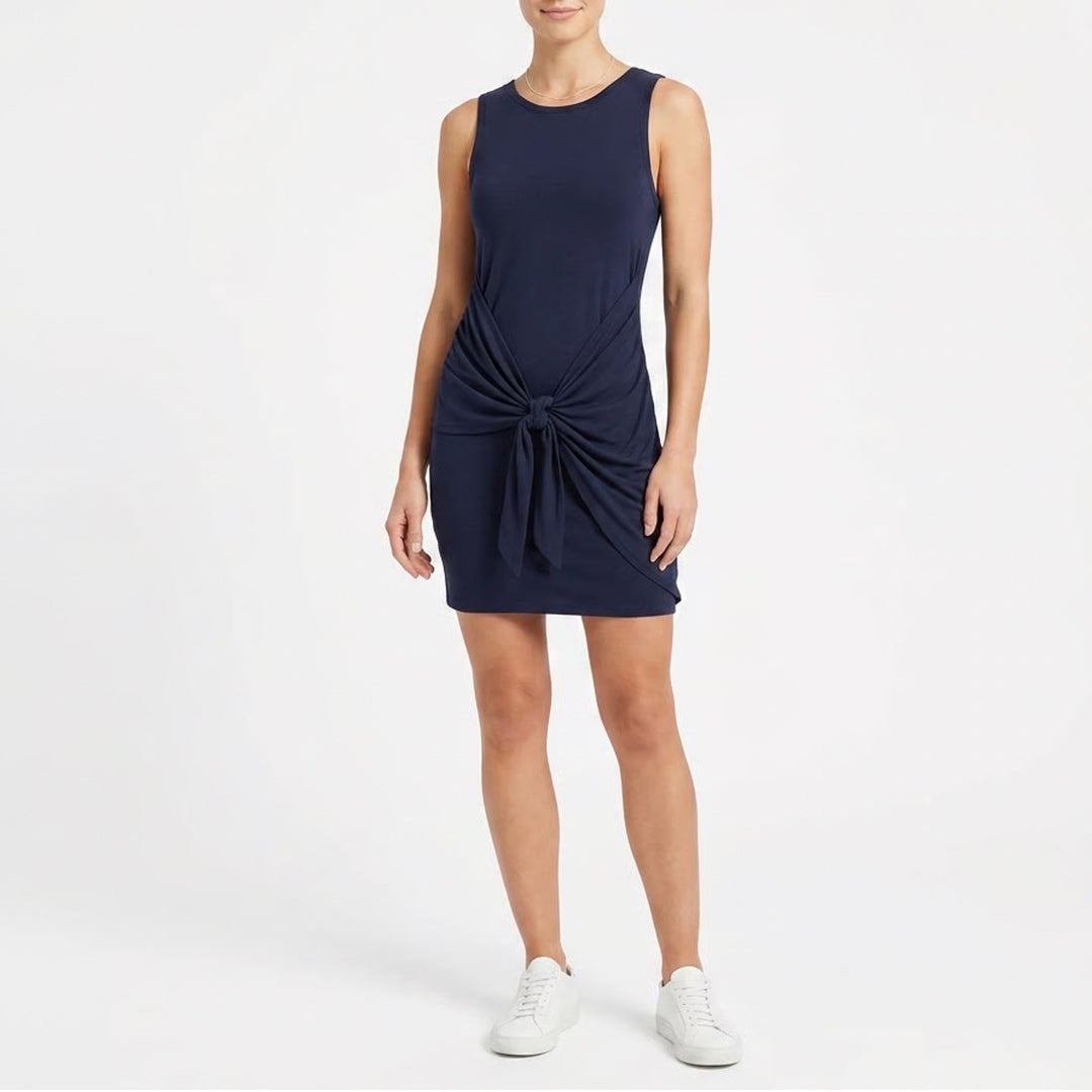 LILLUSORY Navy Blue Front Tie Knot Ruched Sleeveless Mini Dress Size L