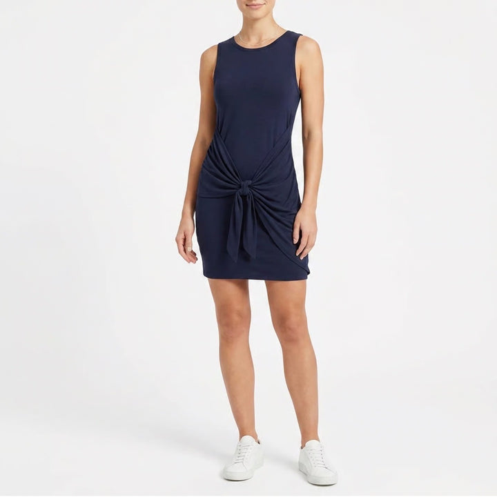 LILLUSORY Navy Blue Front Tie Knot Ruched Sleeveless Mini Dress Size L