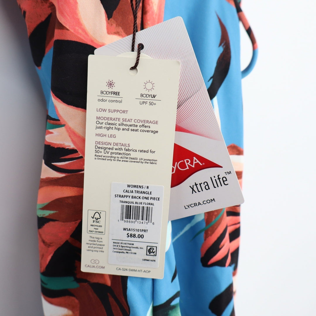 Calia Triangle Strappy Back One Piece Swimsuit Blue Floral Size 8