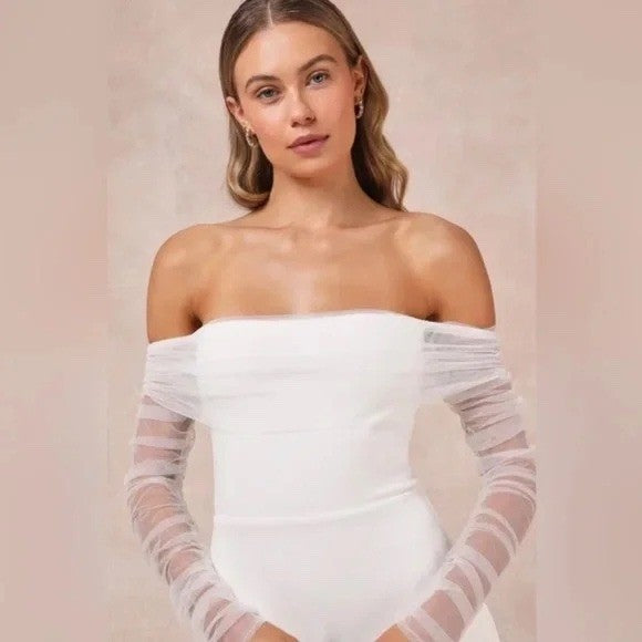 Lulus Beautifully Beloved White Mesh Off-The-Shoulder Maxi Dress Size XXS