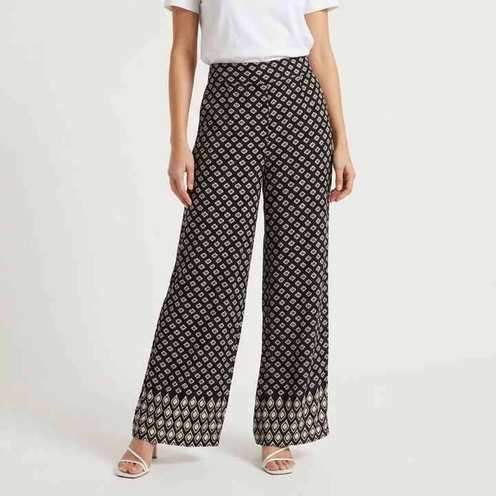 LOFT Womens Black White Geometric Diamond Print Wide Leg Viscose Pants Size L