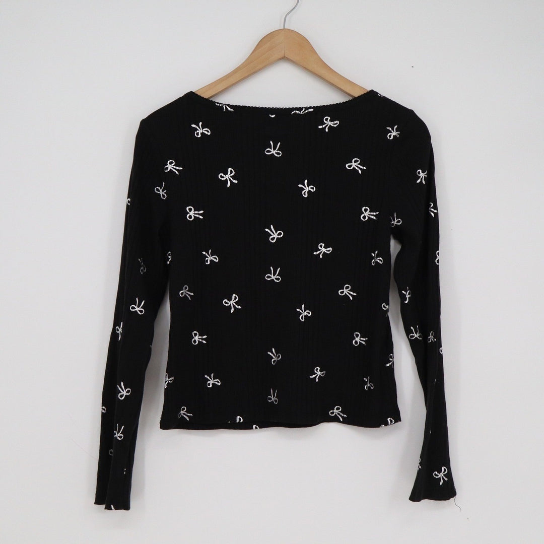 SO Girls XL 14/16 Black Ribbed Long Sleeve Top Silver Glitter Bow Square Neck