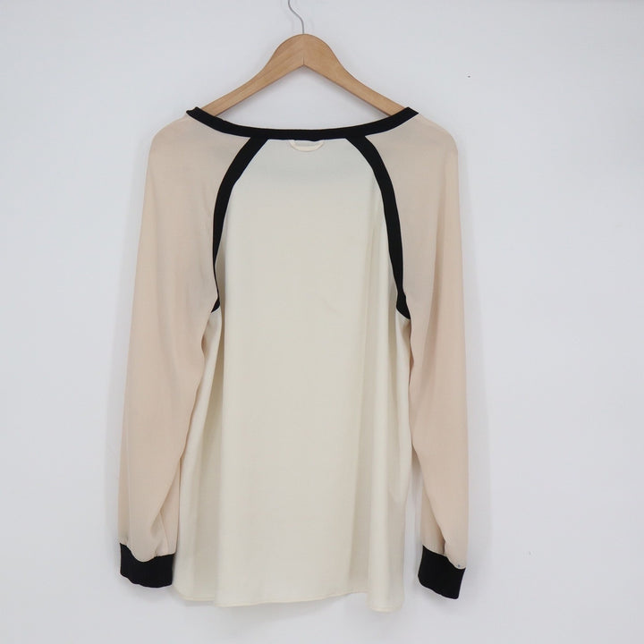 Ann Taylor LOFT Womens Medium Colorblock Raglan Blouse Cream Peach Black Trim