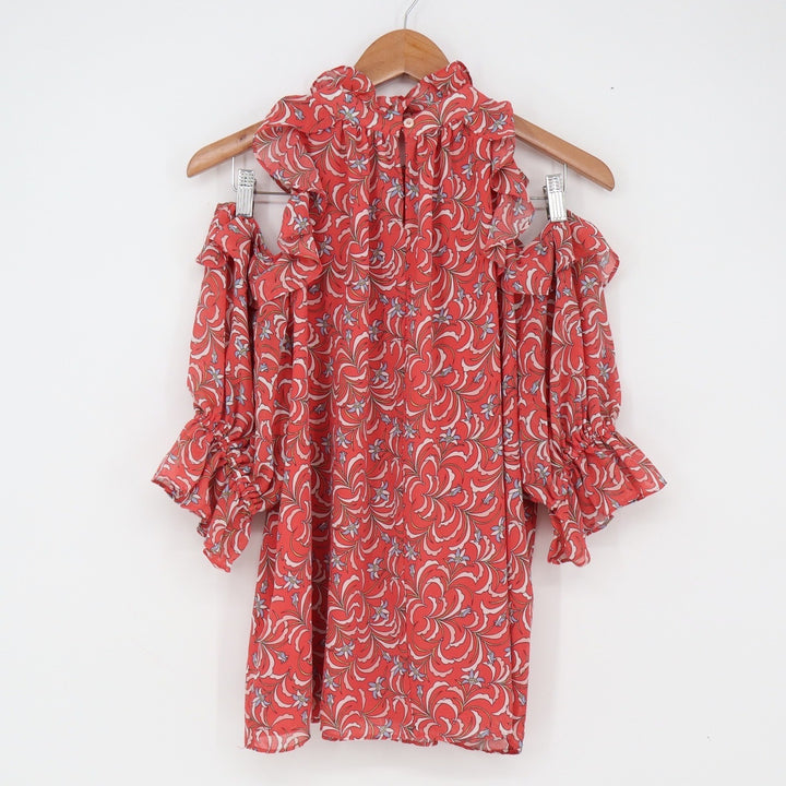 Max Studio Blouse Womens L Cold Shoulder Coral Red Ruffle Floral