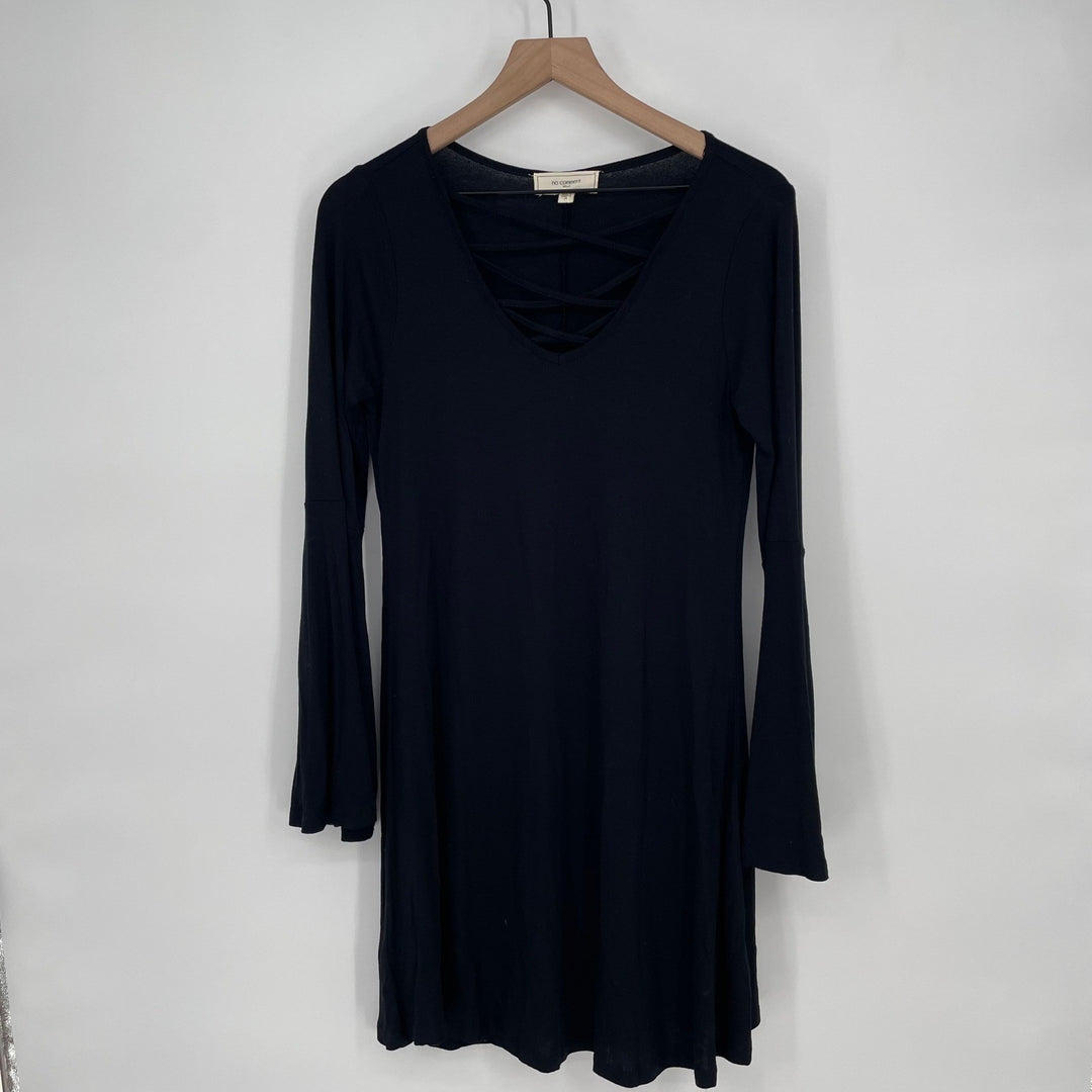 NO COMMENT Black Long Sleeve Lattice V Neck Mini Dress Size M