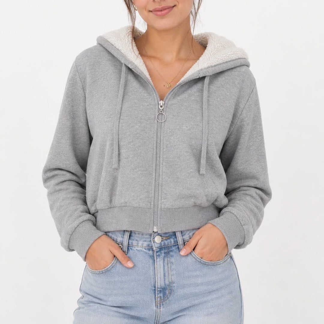 Ambiance Womens Gray Cropped Sherpa Lined Zip Up Hoodie Sweatshirt Large