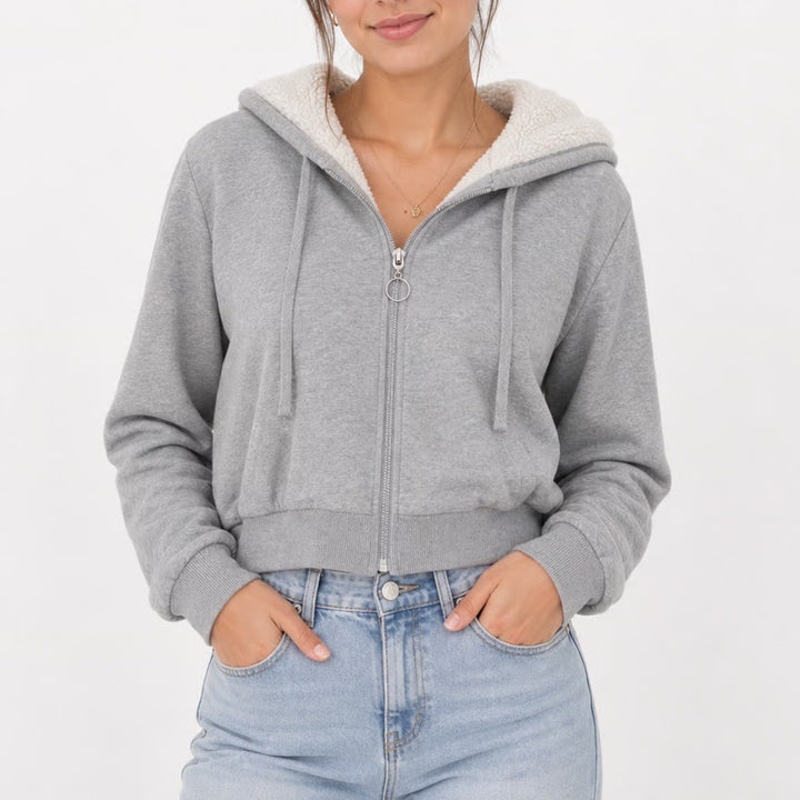 Ambiance Womens Gray Cropped Sherpa Lined Zip Up Hoodie Sweatshirt Large