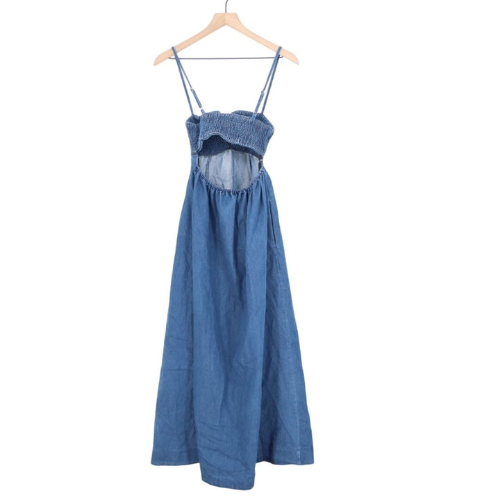 Lulus Laylie Midi Dress Womens XS Blue Medium Wash Denim Lace-Up Smocked Summer