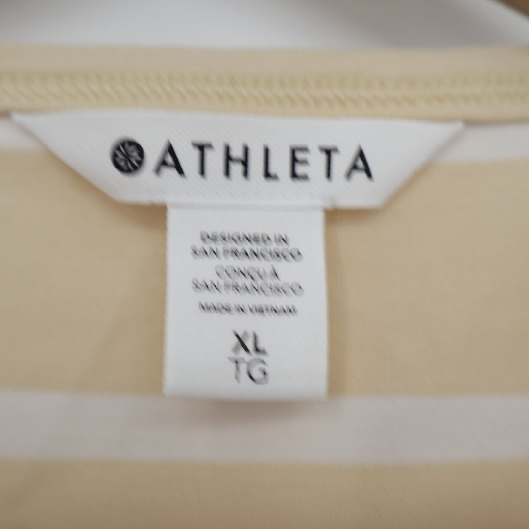 Athleta Womens XL Tan White Striped Short Sleeve Crewneck T-Shirt Relaxed Fit
