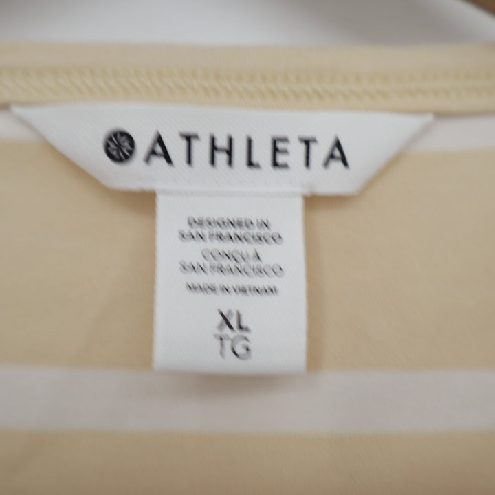 Athleta Womens XL Tan White Striped Short Sleeve Crewneck T-Shirt Relaxed Fit