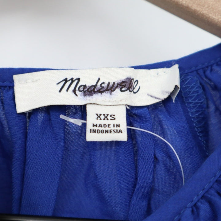 Madewell Shirred Womens 2XS Midnight Blue Cotton Pleated Puff Sleeve Round Neck