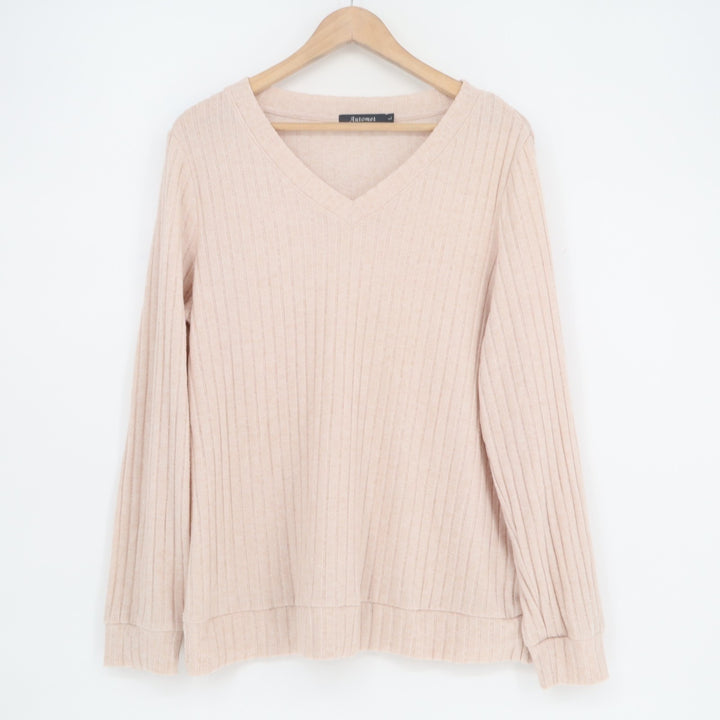 Automet Sweater Womens Large Blush Stretch Knit Rib Long Sleeve V-Neck Pullover