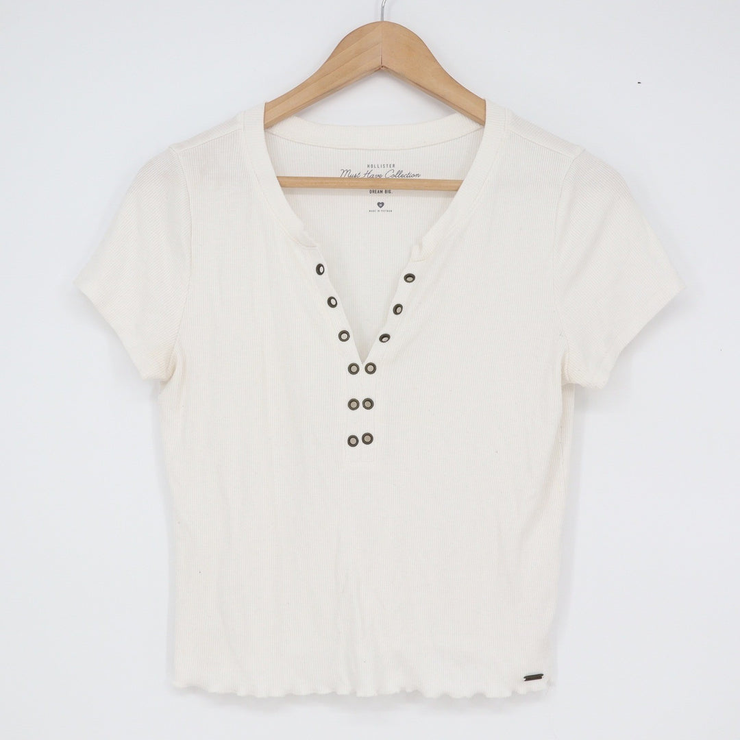 Hollister Must Have Collection Cream Ribbed Henley Lettuce Edge Baby Tee Medium