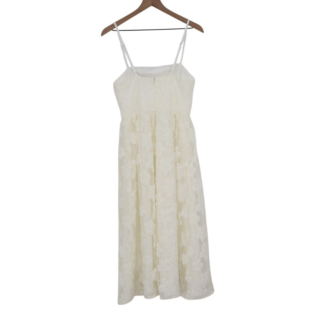 Lulus Delightful Charisma Midi Dress Womens Medium White Embroidered Sequin Mesh