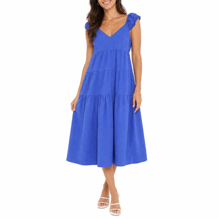 Old Navy Womens Royal Blue Seersucker Tiered Midi Dress Smocked Tie Back Medium