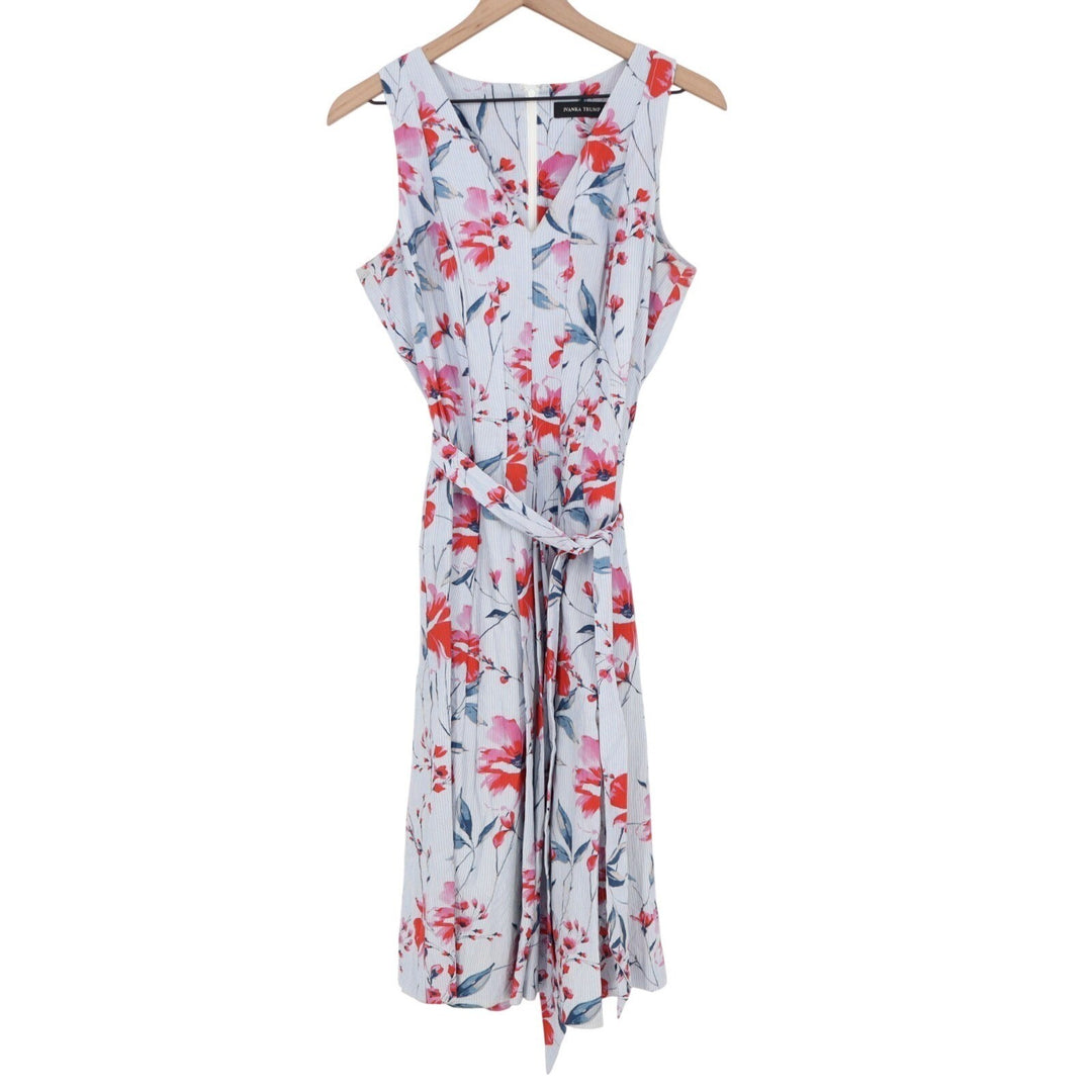Ivanka Trump Midi Dress Womens 8 Blue Floral Sleeveless Waist Belt Back Zip