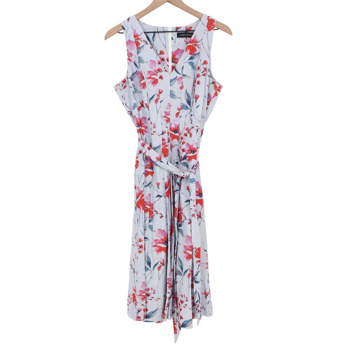 Ivanka Trump Midi Dress Womens 8 Blue Floral Sleeveless Waist Belt Back Zip