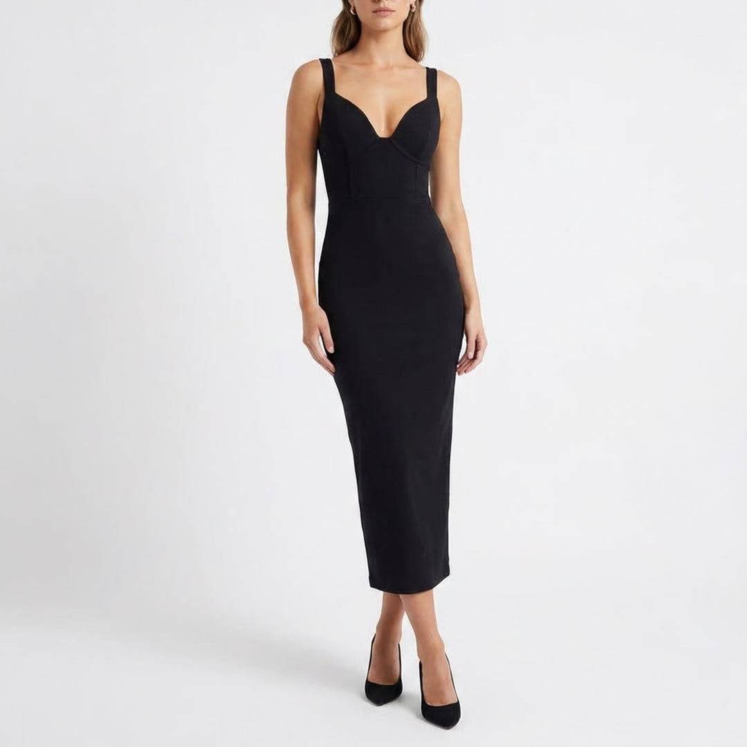 Naked Wardrobe Black Ribbed Corset Midi Dress Size L