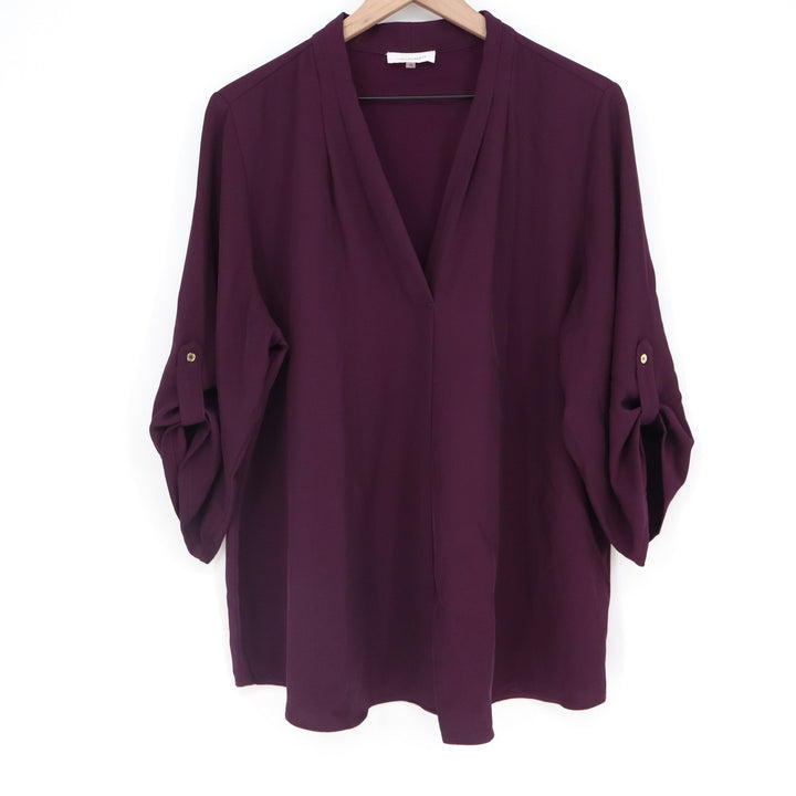 Calvin Klein Womens 1X Plum Purple V-Neck 3/4 Roll-Tab Sleeve Blouse Top