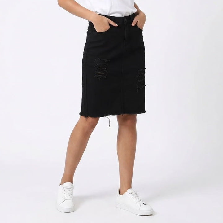 Unbranded Black Distressed Denim Pencil Skirt Raw Hem Size Medium