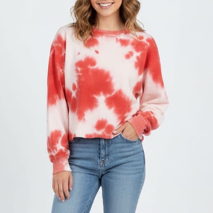 Lulus Here to Chill Sweatshirt Womens L Red Tie-Dye Cotton Crew Neck Long Sleeve