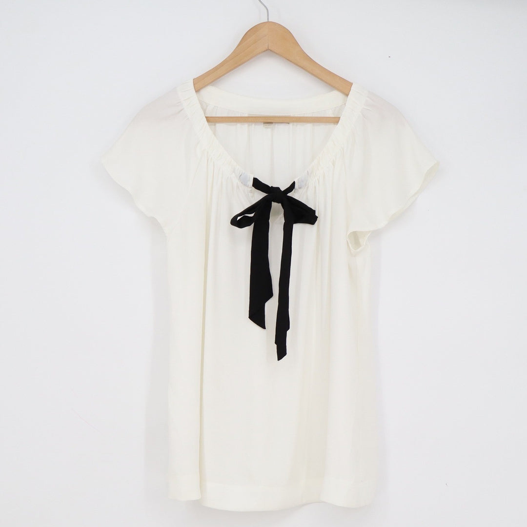 Ann Taylor LOFT Womens Medium Off White Short Flutter Sleeve Bow Tie Blouse Top