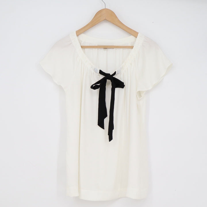 Ann Taylor LOFT Womens Medium Off White Short Flutter Sleeve Bow Tie Blouse Top