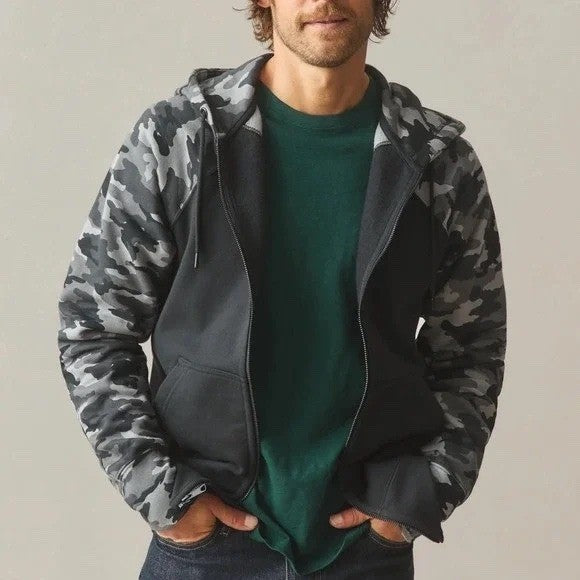 American Giant Raglan Classic Full Zip Hoodie Mens Large Black Gray Camouflage