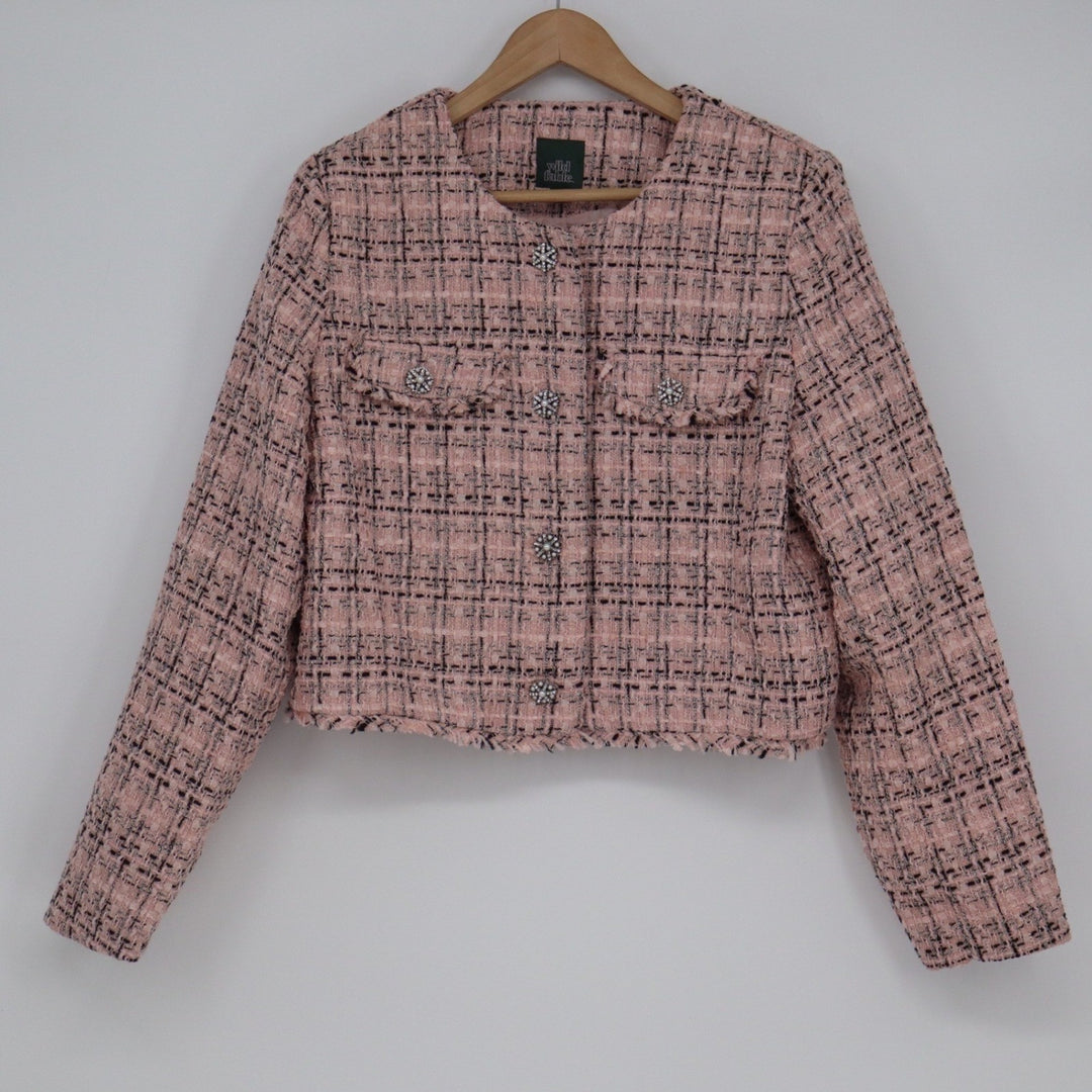 Wild Fable Pink Tweed Cropped Jacket Pearl Button Plaid Large