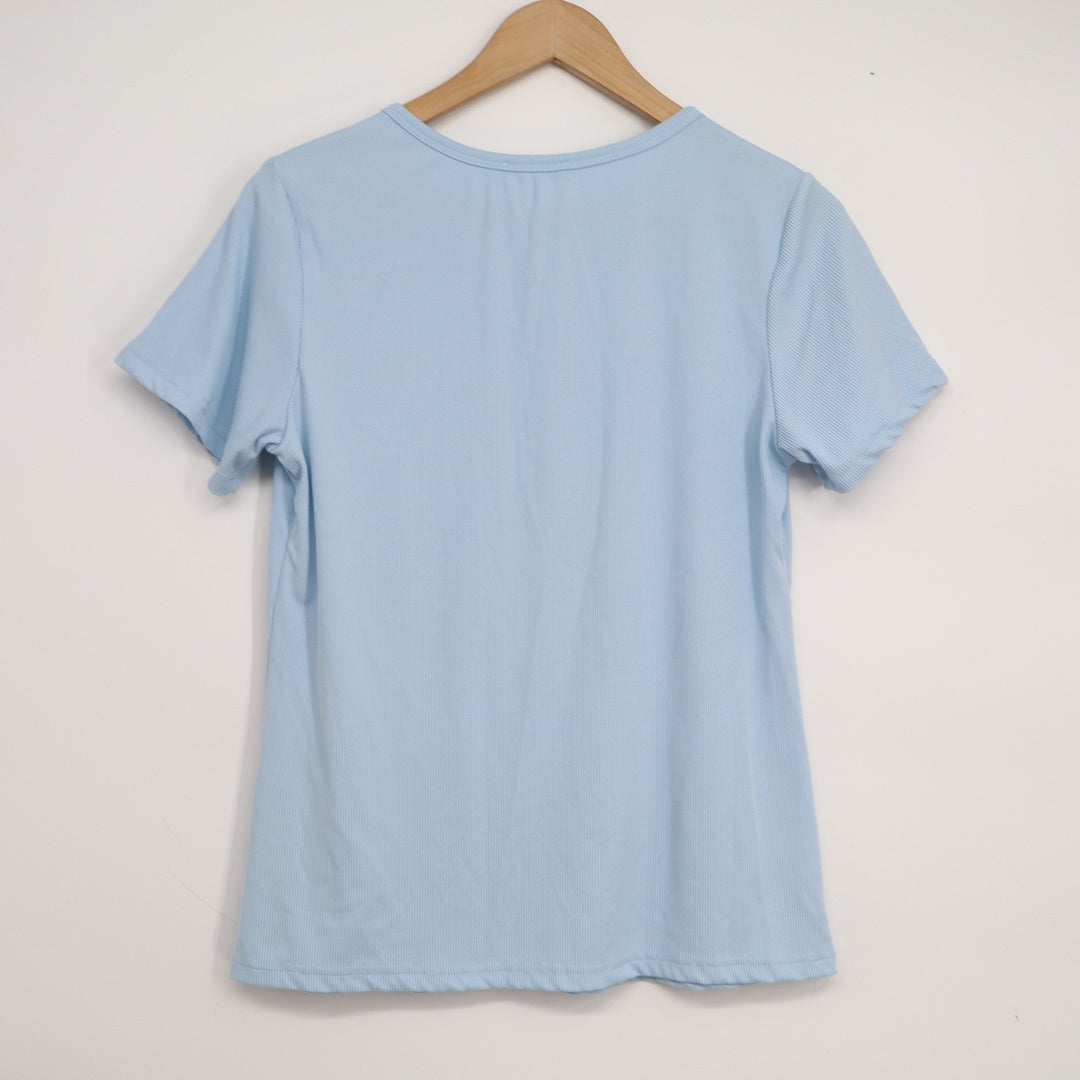Ekouaer Womens Light Blue Ribbed Henley Short Sleeve Top Size M