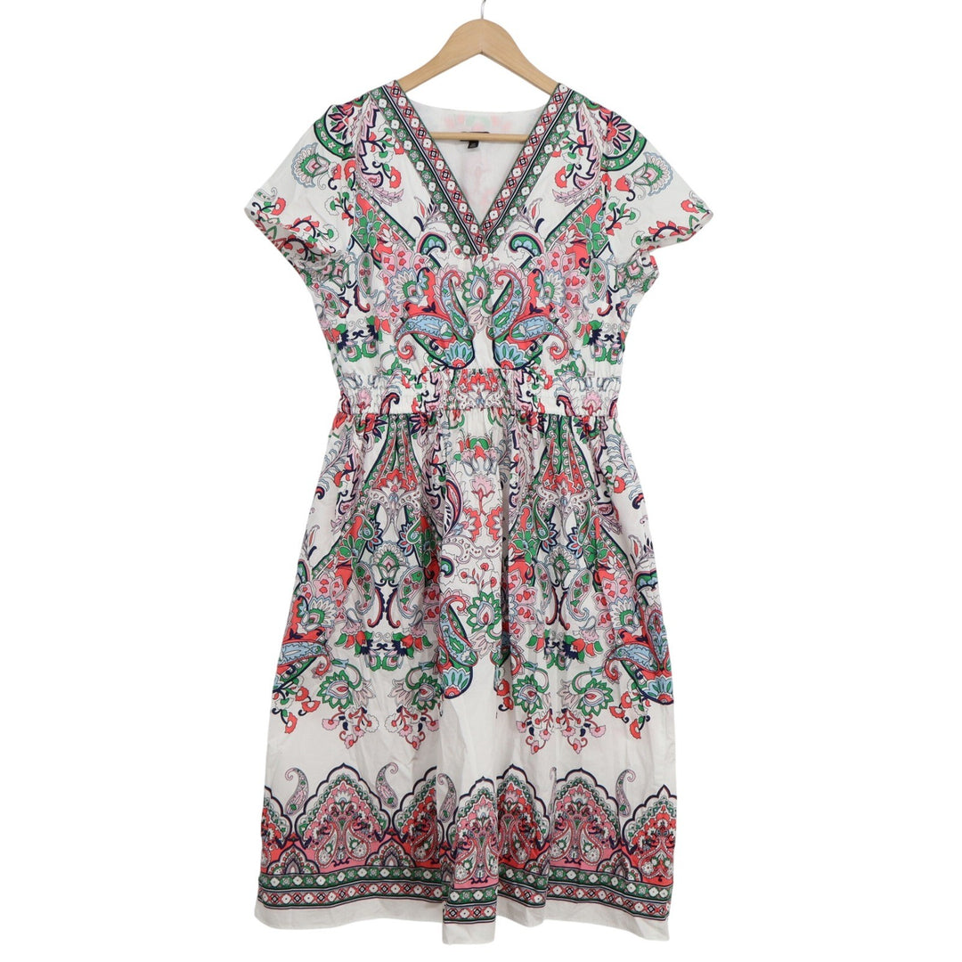 Talbots Petite 12P Cotton Paisley V-Neck Midi Dress Pink Green White