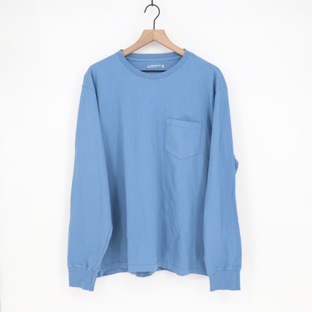 American Giant T-Shirt Mens XL Blue Cotton Crew Neck Long Sleeve Front Pocket