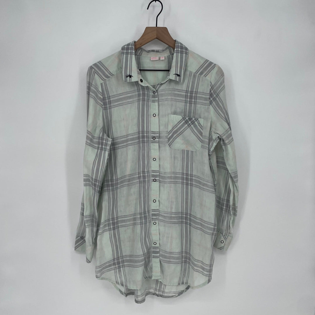 Make Model Plaid Button Down Shirt Long Sleeve Mint Gray Women's Size M
