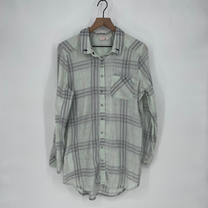 Make Model Plaid Button Down Shirt Long Sleeve Mint Gray Women's Size M