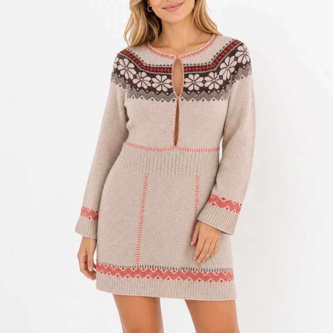 Free People Wool Fair Isle Sweater Dress Beige Red Snowflake Keyhole Small