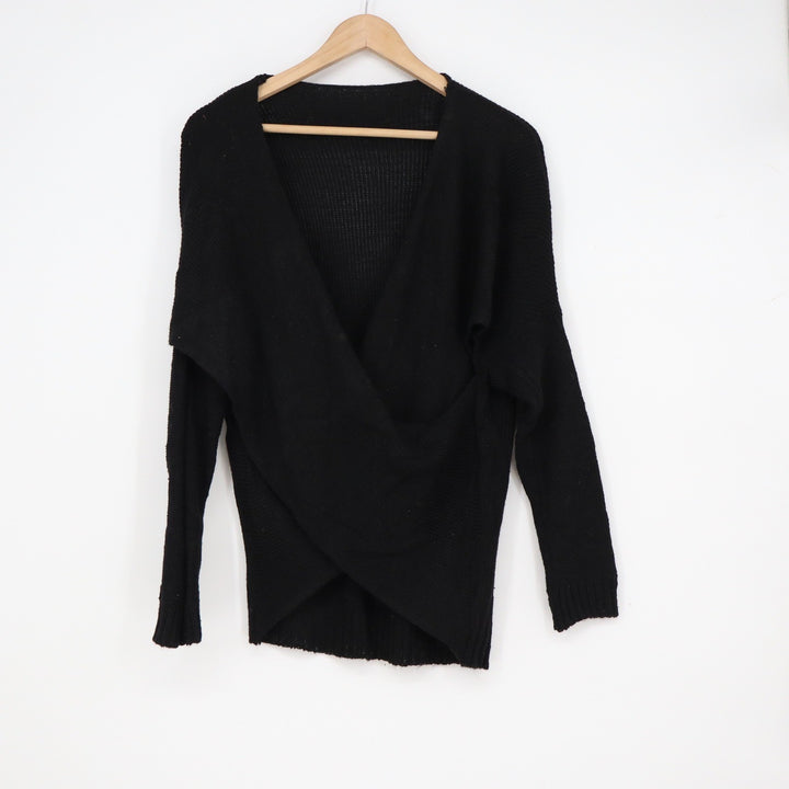 Black Wrap Front V-Neck Knit Sweater Long Sleeve Cotton Blend Relaxed Fit Small