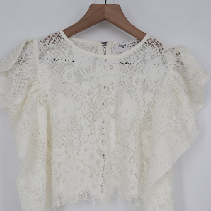 Naked Wardrobe The Statement Lace Crop Top Off White Ruffle Sleeve NWSP20-T21 S